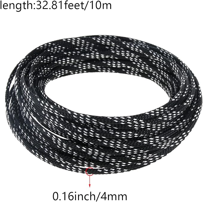 Heyiarbeit 10m/32.8ft PET Expandable Braided Sleeving 0.16-inch Width Flexible Wire Mesh Sleeve for USB Cable Power Cord Audio Video Cable - Protect Cat from Chewing Cords - Black Silver