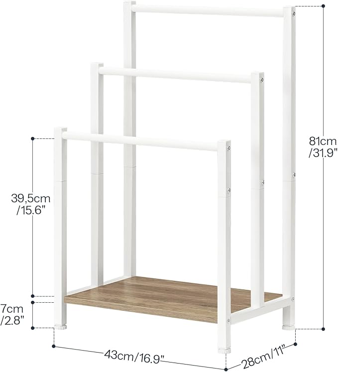 HOOBRO Free Standing Towel Rack, 3 Tier Blanket Rack, Blanket Holder for Bathroom, 16.9" L x 11" W x 31.9" H, Industrial Metal Drying and Display Rack with Shelf, White and Grey WG03LB01