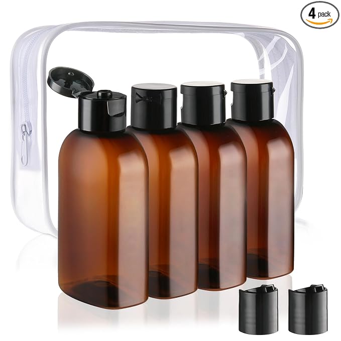 Cosywell Travel Shampoo Bottles 4pcs 3.4oz Travel Bottles for Toiletries | Brown Plastic Squeeze Bottle, TSA Approved, Leak Proof, Flip Cap, Empty Lotion Containers, and a Toiletry Bag