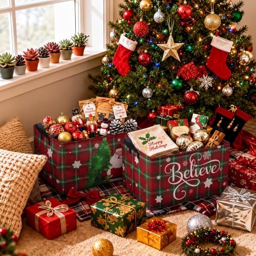 Chunful 4 Pcs 4 Pack Christmas Storage Baskets for Gifts Collapsible Red and Green Tartan Plaid Christmas Let It Snow Laundry Storage Bins Foldable Box with Handles for Home Bedroom Office Containers