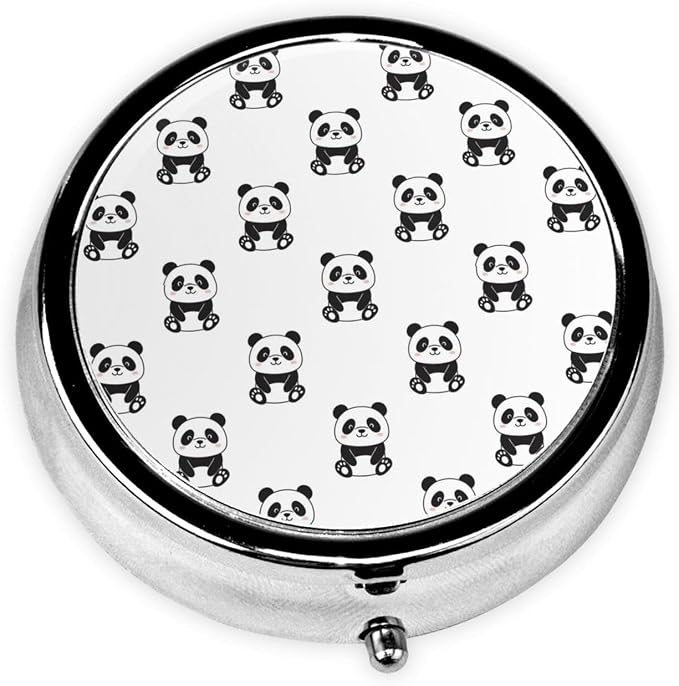 Round Medicine Organizer, Cute White and Black Panda Animal Patterns Portable Pill Box, Mini Case for Fish Oil, Travel Holder Purse Pocket for Men