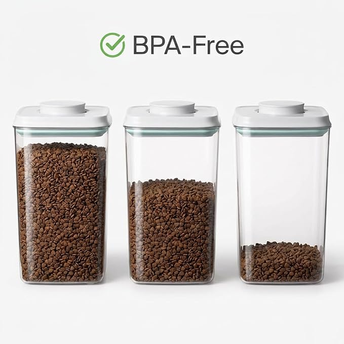 Dog-Cat Food Storage Containers 2 Pack, 4.2 Qt Each, Airtight | Two clear 4 L/4.2 Qt canisters with one-push airtight lids; includes two 130 ml scoops; BPA-free and stackable.