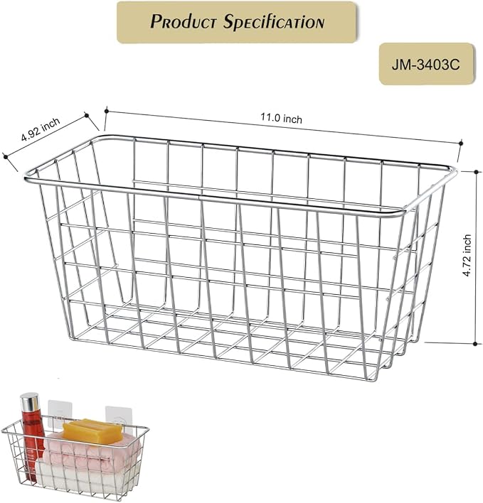JUNCHU CHERRY 5 Pack Hanging Storage Basket, Bathroom Basket, Household Goods, with Traceless Tape, no Drilling, for Cabinet Storage, Kitchen, Bathroom, Storage Room,Chrome
