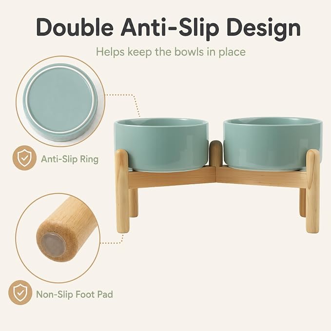 Havniva Ceramic Dog Bowls Elevated, Raised Dog Food Bowl for Small Dogs | 6.1” Elevated Dog Bowls, Non-Slip Wood Stand, Dog Food and Water Bowl Set, Dog Feeding Dish, Large Capacity Pet Water Bowl