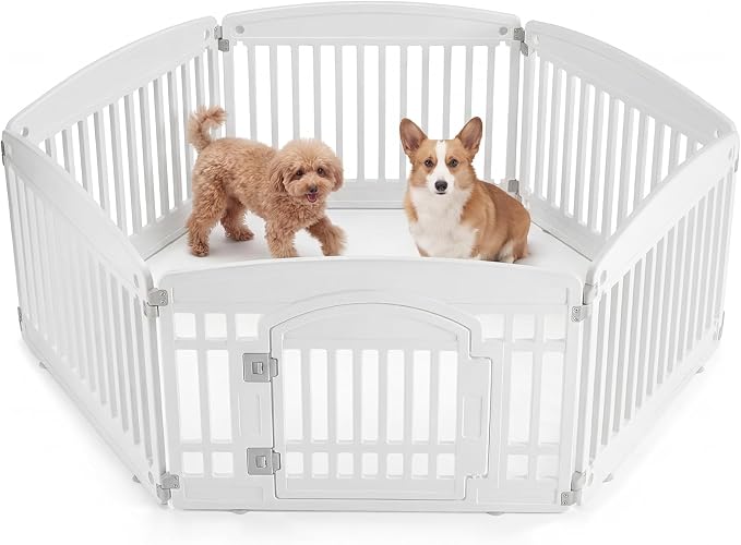 NEWBULIG 6 Panels 24 Inch Dog Playpen, Plastic Pet Play Pen Fence | Portable, Secure Locking Door, Indoor Outdoor Yard RV Camping, Small Medium Dogs, White