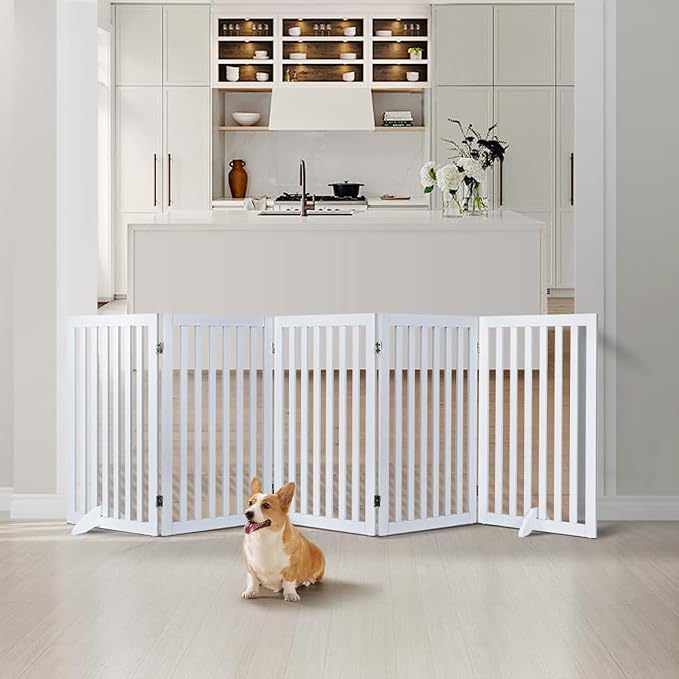 unipaws 36”H Free Standing Pet Gate for Dog Cat, 100”Wide Wooden Dog Gates | Foldable Pet Fence for Doorway, Stairs, Step, Expandable Doggy Barrier, Room Divider, Indoor Use, White