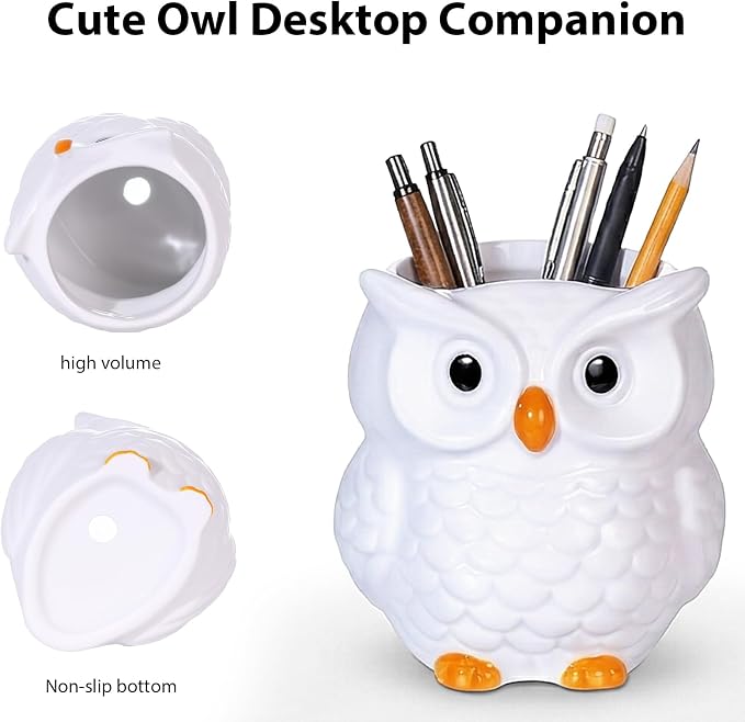 Ceramic Owl Shaped Pen Pencil Holder for Desk Decoration Accessories Owl Decor Makeup Brush Pen Cups Succulent Plant Pot Office School Ideal Gifts for Women, Mom or Birthdays