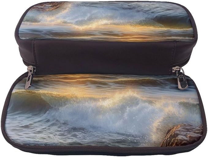 Leather Pencil Case Organizer Big Capacity Pencil Pouch Storage Bag With Compartments Cute Pencil Bag Rocky Wave Sunset Painting Pen Box Portable Cosmetic Makeup Bag Organizer