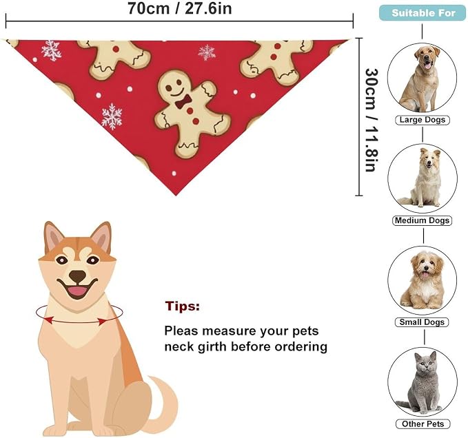 Lightweight Comfy Triangle Pet Scarf with Adjustable Design for Dog Accessories, Outdoor Activities, Casual Daily Use (Christmas Red Polka Dots Snowflakes Gingerbread Cookies)
