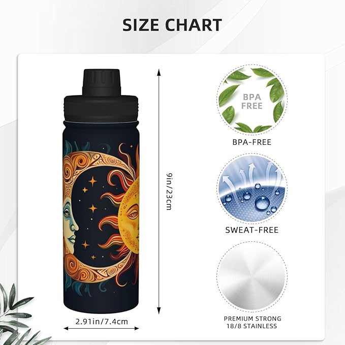 Sun Moon and Stars Water Bottle,18oz Sports Insulated Kettle for Women Men, Suitable as a Present