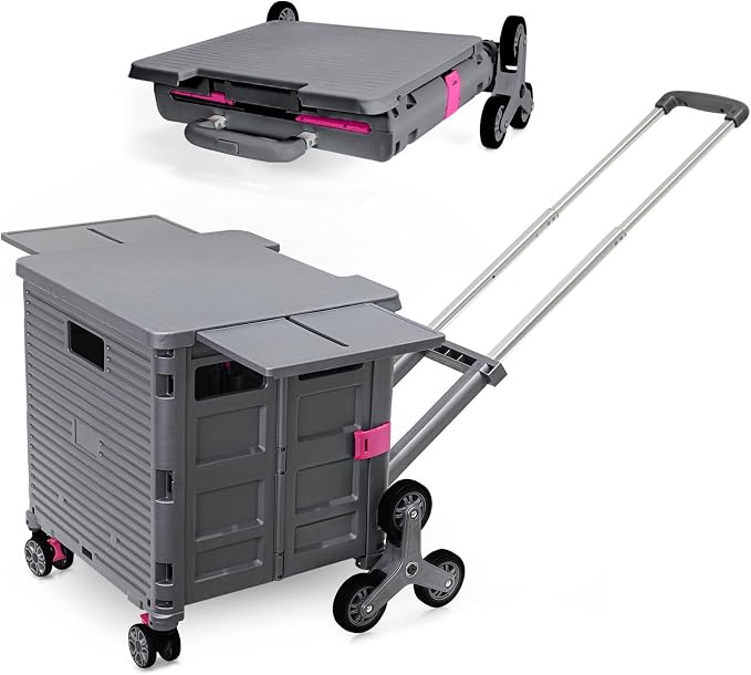 Foldable Utility Cart Portable Crate Rolling Dolly with Telescopic Handle,Can be Pulled diagonally, Magnetic Retractable Lid, 360°Swivel Climbing Wheels for Shopping Carrying Groceries Move Grey