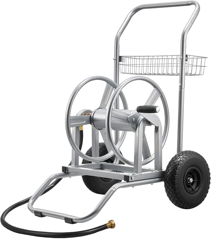 VEVOR Hose Reel Cart, 200/300ft High-Pressure Garden Hose Cart, Hoses Reel Carts with Two Wheels, Handle & Heavy-Duty Mesh Storage Basket, Dual-Purpose Portable Hoses Reels for Garden, Car, Pet