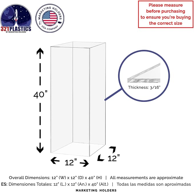 Marketing Holders Clear Platform Display Box 12x12x40 Inch Pedestal Cube No Lid Cover Trophy Trinket Acrylic Pillar Post Showcase Stand Expo Event Wedding Reception One Piece No Assembly