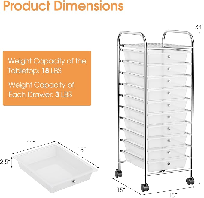 10 Drawer Rolling Storage Cart, Organization Cart with Drawers for Craft Makeup Paper Tool Art Supply, Versatile Utility Cart on Wheels for Home Office Classroom School (Clear)