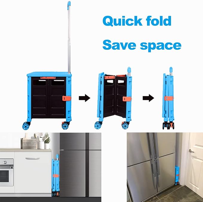 Foldable Utility Cart Folding Portable Rolling Crate Handcart Shopping Trolley Wheel Box with Lid Wear-Resistant Noiseless 360°Rotate Wheel for Travel Shopping Moving Storage Office Use (Sky Blue)