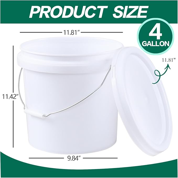 4 Gallon Food Grade Bucket with Lid, 4 Pack Bucket Pails | Round White All-Purpose Pails for Storage, Prep, Fermenting, Cleaning, Durable Reusable Containers with Handle