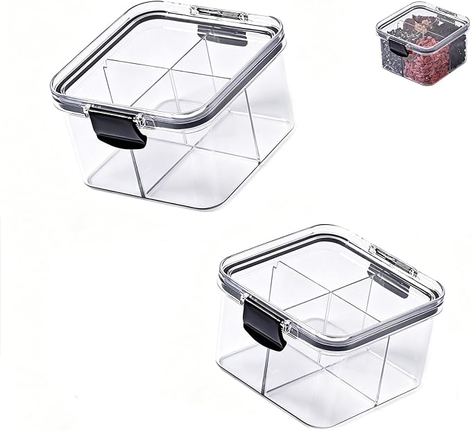 2 Pack 4 Compartment Airtight Food Storage Containers,460 ml Divided Clear Storage Box,Stack able Sealed Spice Tea Organizer for Loose Leaf Dried Tea Flower Snack Seasoning Pantry Counter Cabinet