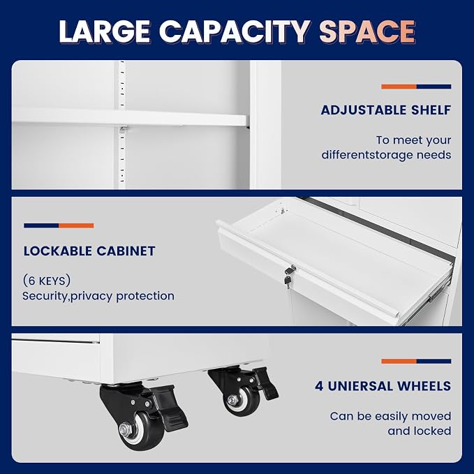 Metal Garage Storage Cabinet with Locking Doors and Adjustable Shelves, 73" Rolling Tool Storage Cabinet with 4 Wheels and 1 Drawer for Garage,Warehouse