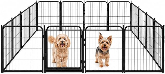 Dog Play Pen for Outdoor Use - 24'', 16 Panels for Small and Puppy Size Dogs - Portable Playpen Kennel for RV, Camping, and Yard - Heavy Duty Pet Fence w/Black Rust Resistant Coating