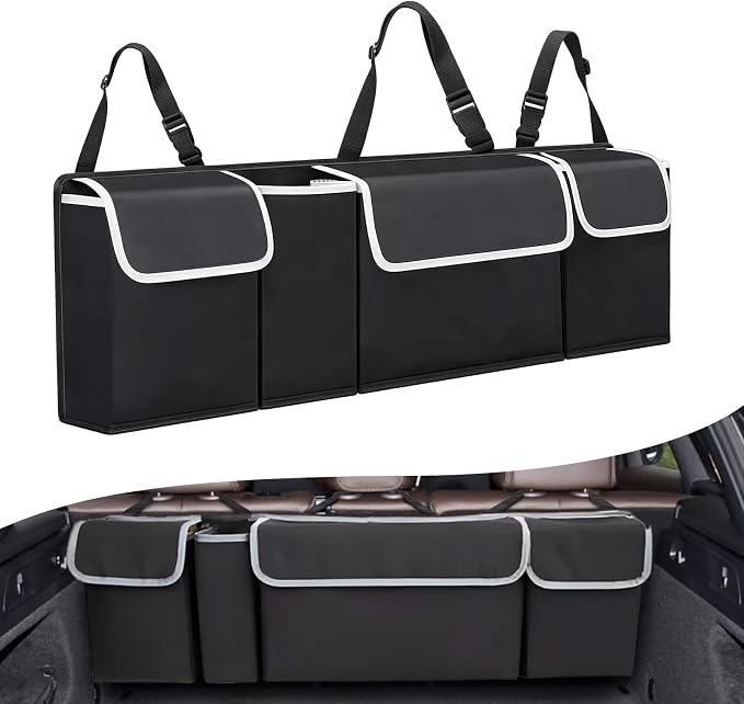 Car Trunk Organizer, Trunk Hanging Large Storage with Adjustable Straps, Waterproof Collapsible Cargo Storage Bag with 4 Pockets, Car Interior Accessories for SUV, Truck