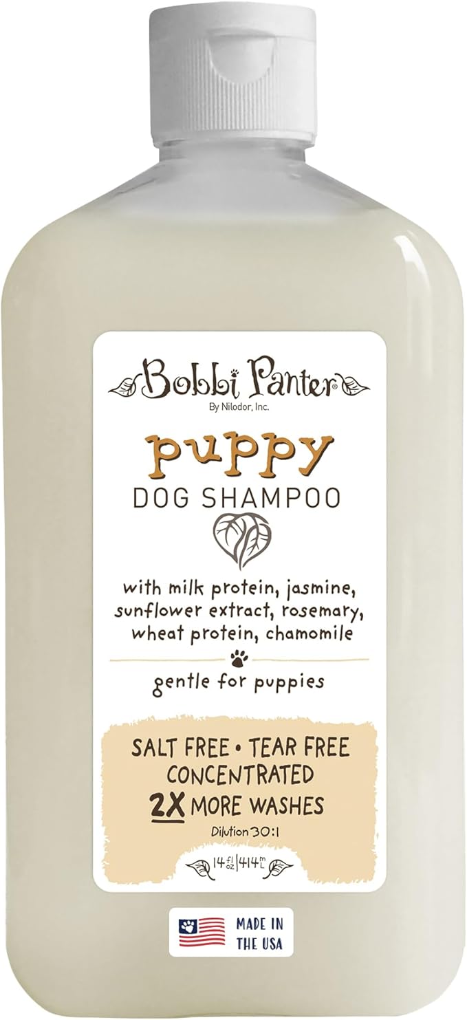 Bobbi Panter Puppy Dog Shampoo Milk Protein, Jasmine, Sunflower & Chamomile – Gentle Nourishing Formula for Puppies & Sensitive Skin, Tear-Free, 30:1 Concentrate, Made in USA, 14 oz