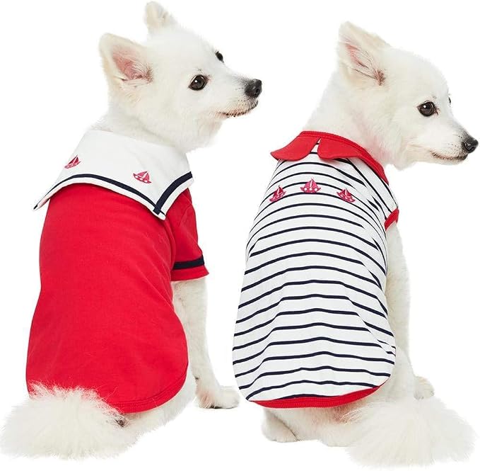 Blueberry Pet Soft & Comfy Summer Vacation Beach Cotton Dog T-Shirts, Cerise Red, 2 Pack, Sailor Suit Shirts Tank Top Clothes, Back Length 20"