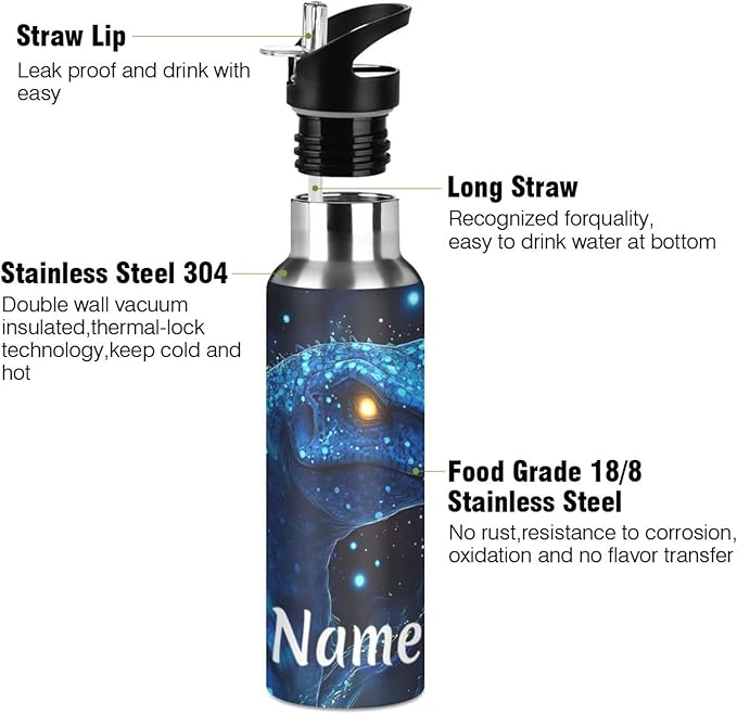 Custom Name Tech Dinosaur Blue Galaxy Water Bottle with Straw Lid Kids Insulated Stainless Steel Water Flask Sports, 20 Oz Hot Cold