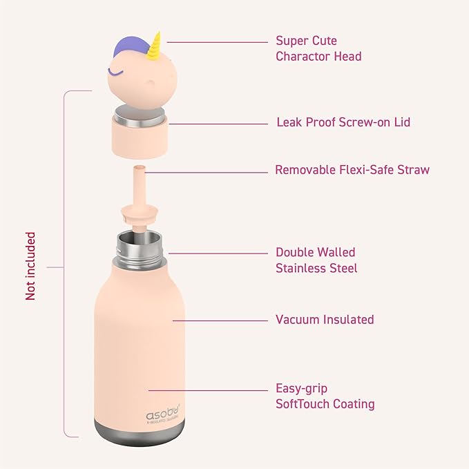 asobu Bestie Bottle Replacement Head For Insulated Stainless Steel Water Bottle, Detachable Soft Animal Head, Collectable Bottle Head for Fun Drinking For Kids, Unicorn