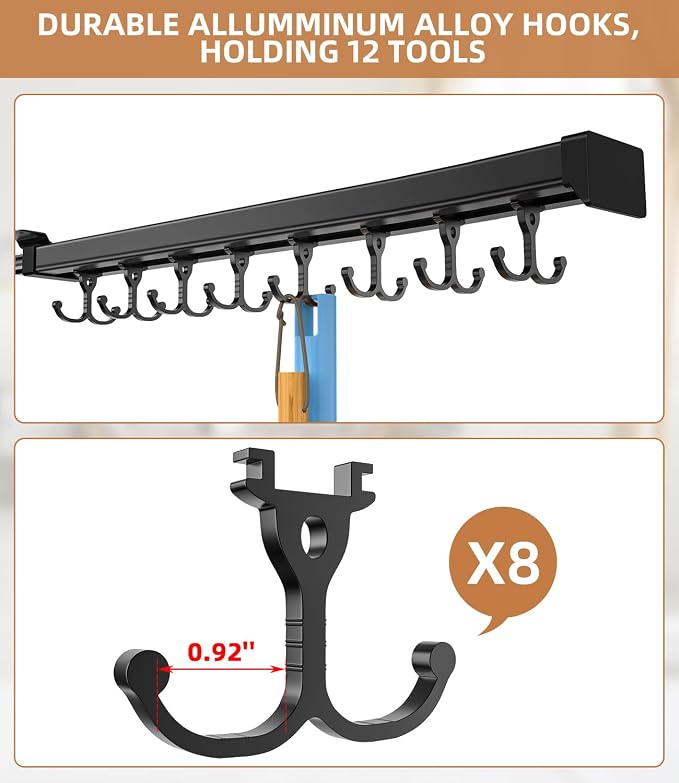 Pull Out Broom Holder With Adjustable Double Row Sliding Hook-Black 18.11in | High Load Capacity, Multifunctional Slide Broom And Mop Storage/Garage Organization Hooks, for Closet Laundry, kitchens