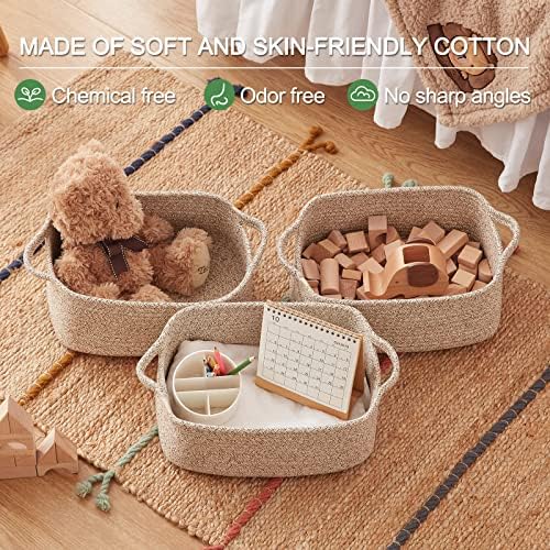 OIAHOMY 3 Pack Storage Baskets for Shelves Cotton Rope Storage Bins Brown | Woven Baskets for Storage Nursery Storage Basket with Handles Baskets for Organizing Small Baskets Gift Baskets Empty