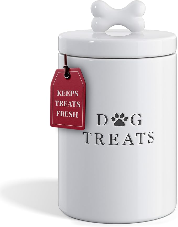 Barnyard Designs Ceramic Dog Treat Container with Airtight Lid (White) | Large Rustic Storage Canister and Cookie Jar for Kitchen Counter; Airtight Lid Keeps Food Fresh; Farmhouse Decor
