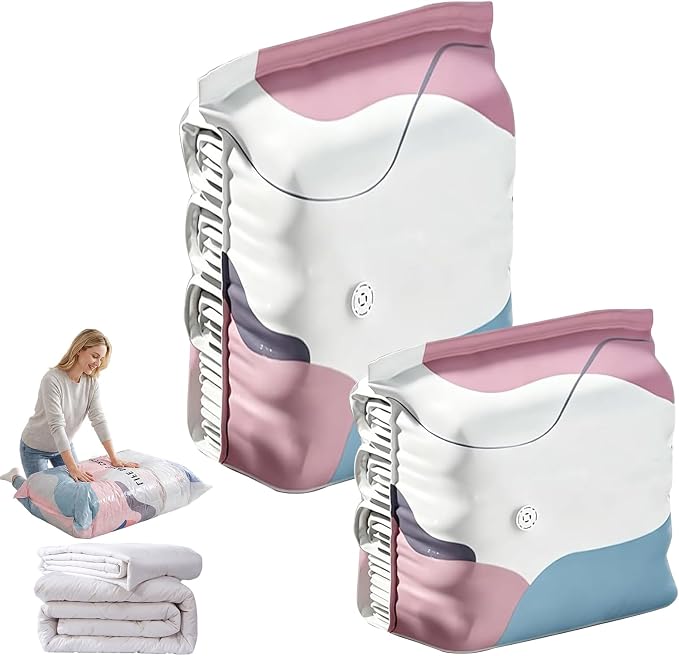 No-Pump Vacuum Storage, 2026 New Large Compression Bags for Blankets, Bedding, Comforters, Jumbo Clothes, Heavy-Duty Press & Seal, No Pump Needed (White, 2PCS, MIX)