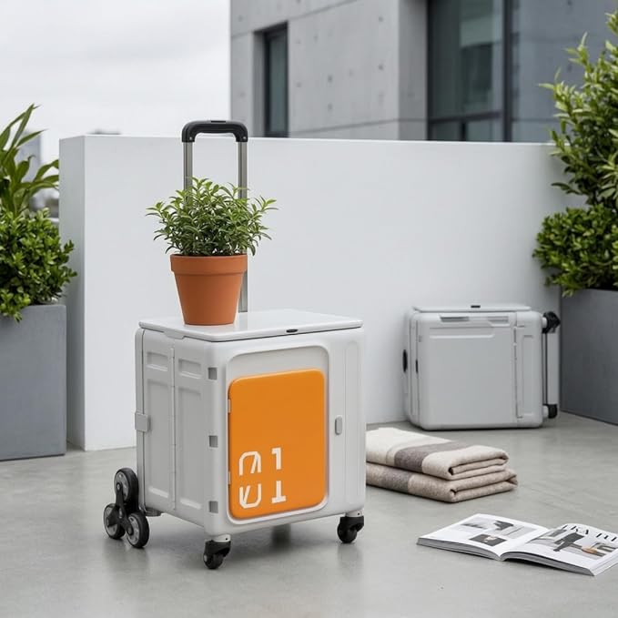 Rolling Crate with Lid Heavy-Duty Foldable Rolling Crate Telescopic Foldable Utility Trolley for Journeyers, White Gray