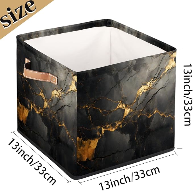 Black Gold Marble Cube Storage Bin, 13 Inch Collapsible Fabric Storage Cube Bin, Foldable Cube Baskets for Shelf, Closet, Organizer