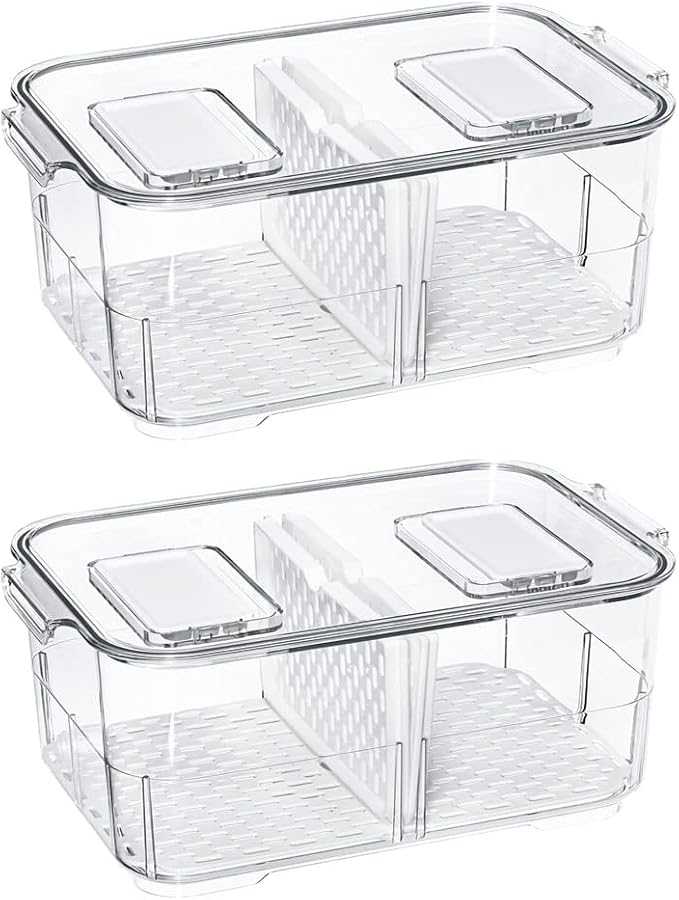 SANNO Produce Saver Fresh Keeper Vegetable Fruit Storage Containers, Refrigerator Fridge Stackable Bins with Lids and Vents, Stackable Salad Lettuce Keeper,BPA-freeContainers Bin-