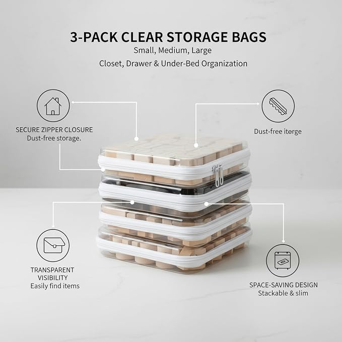 3-Pack Clear PET Zipper Storage Bags, White Organizer Pouches for Closet, Drawer & Under-Bed Organization, Durable Transparent Containers