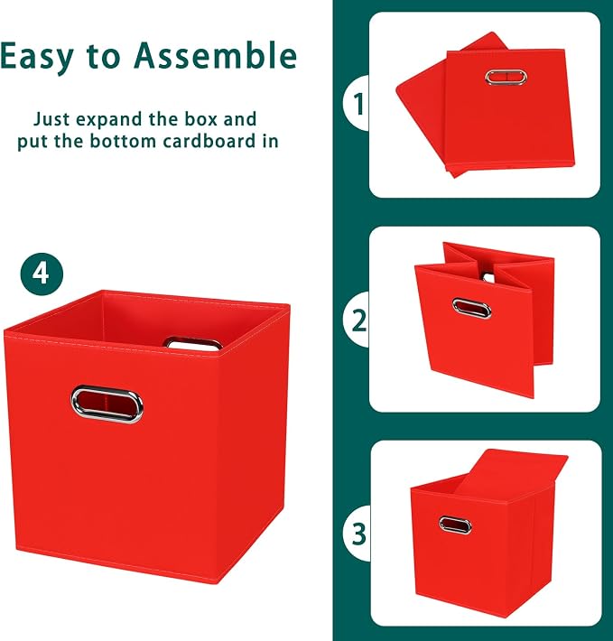 Black Foldable Storage Cubes Bins, Fabric Storage Box Cubes Organizer Baskets with Dual Handles for Home Organizer,Set of 3,(Red)