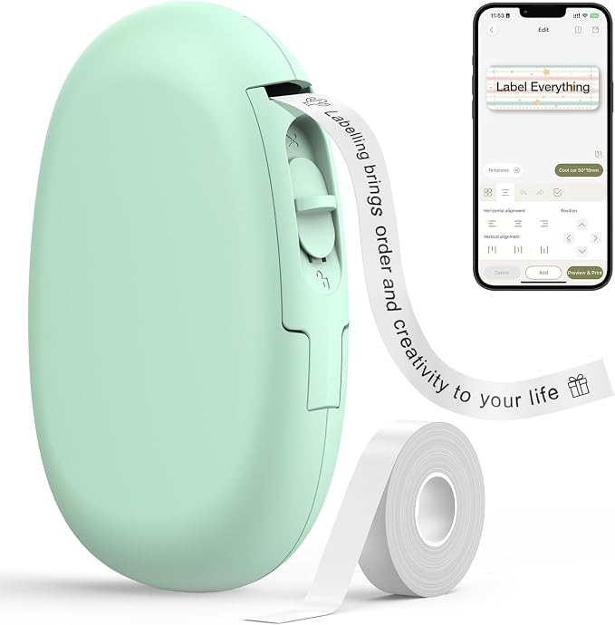 SUPVAN E10 Bluetooth Label Maker Machine with Tape, Green | Fits Continuous & Die-Cut Waterproof Label, Easy App Editing, Rechargeable, Inkless, for School, Home, Kitchen, Office