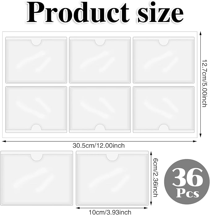 36 Pack Adhesive Index Card Pockets, Clear Top-Load Holders, 2.4 x 3.9 in | Clear PVC, self-adhesive backing, top opening, for bins shelves totes library cards and labels