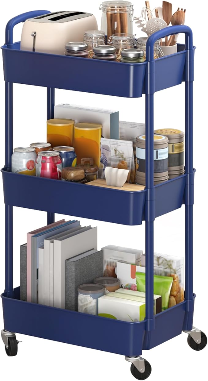 Sywhitta 3-Tier Plastic Rolling Utility Cart with Wheels for Storage,Blue | Multi-Functional Storage Trolley, for Office, Living Room, Kitchen, Bathroom,Movable Organizer,Space-Saving,Easy to assemble