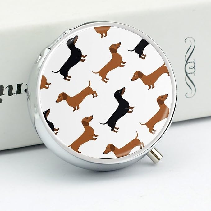 3 Compartment Round Pill Box Portable Metal Travel Pill Organizer | Dachshund Weiner Pet Dogs Pill Case to Hold Vitamins, Medication, Fish Oil and Supplements, Ideal for Purse & Pocket