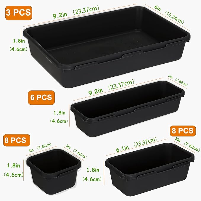 Kutesna 25 PCS Drawer Organizers Set, 4 Size Plastic Storage Bins（Black ） | 4 Size Interlocking Plastic Storage Bins for Office Supplies, Jewelry Makeup Vanity, Bathroom Kitchen, Gadgets Small Items