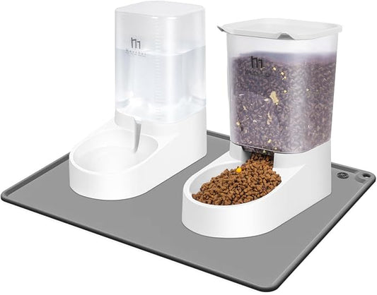 Marchul Dog Feeder and Water Dispenser, Automatic Gravity Dog Food Dispenser, Pet Food Dispenser Set for Small Medium Dogs Puppy Kitten (1 Gallon / 3.8L with Silicone Mat)