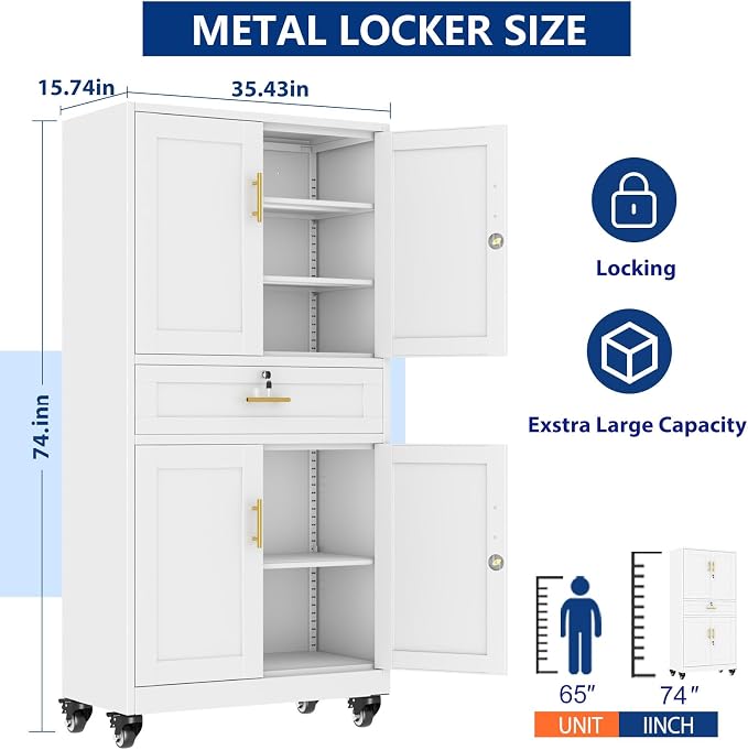 Ckzbx Metal Garage Storage Cabinet with Locking Drawers and Adjustable Shelves,71" H Rolling Tool Storage with Wheels for Garage,Office (White)