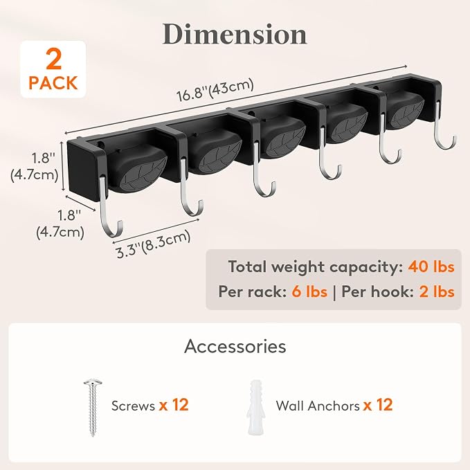 Lifewit Mop and Broom Holder Organizer Wall Mount Non-Slip, 2 Pack, Black | Easy Install One Handed Push Cleaning Tool Hanger with 6 Hooks 5 Slots, Heavy Duty Hanging Utility Rack for Garden, Garage