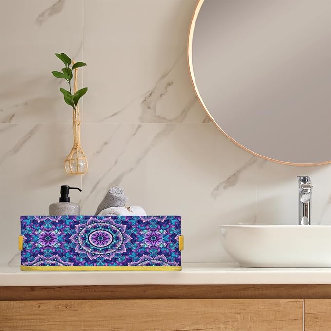 Mandevilla Flower Purple Bathroom Storage Basket, Foldable with Handle Open Countertop Paper Towel Decorative Box, Toilet Tank Top Shelf Baskets for Home Closet Bedroom Living Room Office