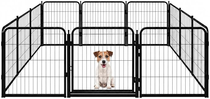 Dog Play Pen for Indoor Use - 24'', 12 Panels for Small and Puppy Size Dogs - Metal Heavy Duty Pet Fence with Anti-Slip Feet - Portable Black Playpen Kennel for House or Garage