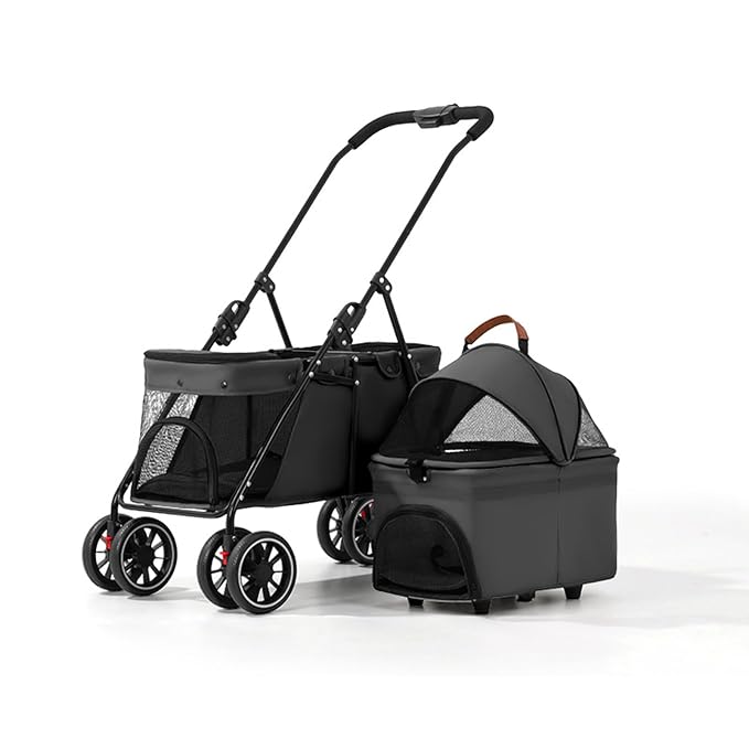 YYW Double Pet Stroller Foldable 2 Carriages Lockable Wheels Black | Travel Strolling Cart, Top Detachable Carrier, Ideal for Multi-Pet Families, Small Dogs & Cats, Outdoor Walks & Vet Visit
