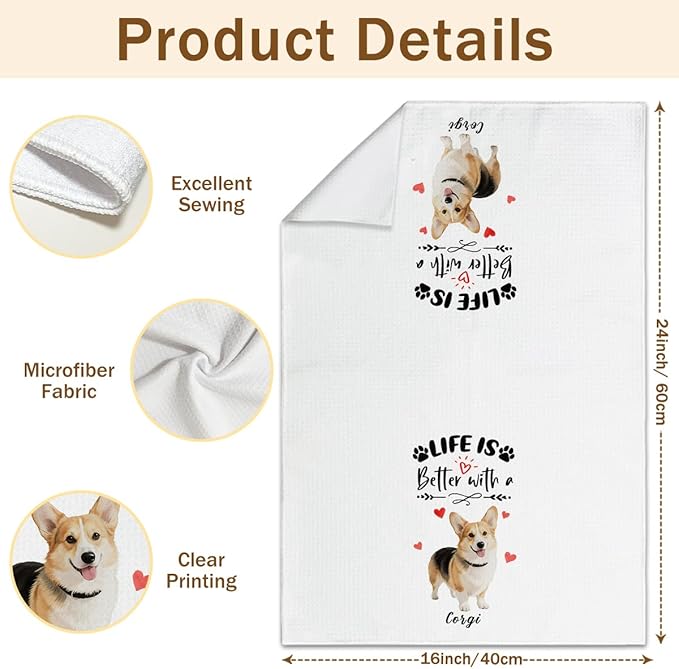 WwongxianB Corgi Kitchen Towels Decorative Set of 2, Funny Tea Towel Hand Towels Highly Absorbent Dish Cloths 16x24 Inches, Bathroom Decor, Corgi Gifts for Dog Lovers -05