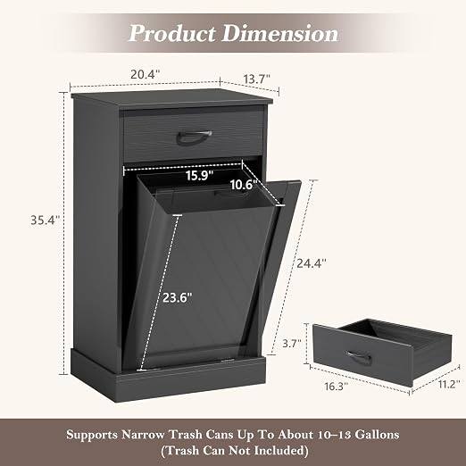 njnj 13 Gallons Tilt Out Trash Cabinet, Kitchen Hidden Trash Bin Cabinet Wood Garbage Recycling Cabinet with Hideaway Drawer, Pet Proof Freestanding Trash Bin for Kitchen Living Room Black